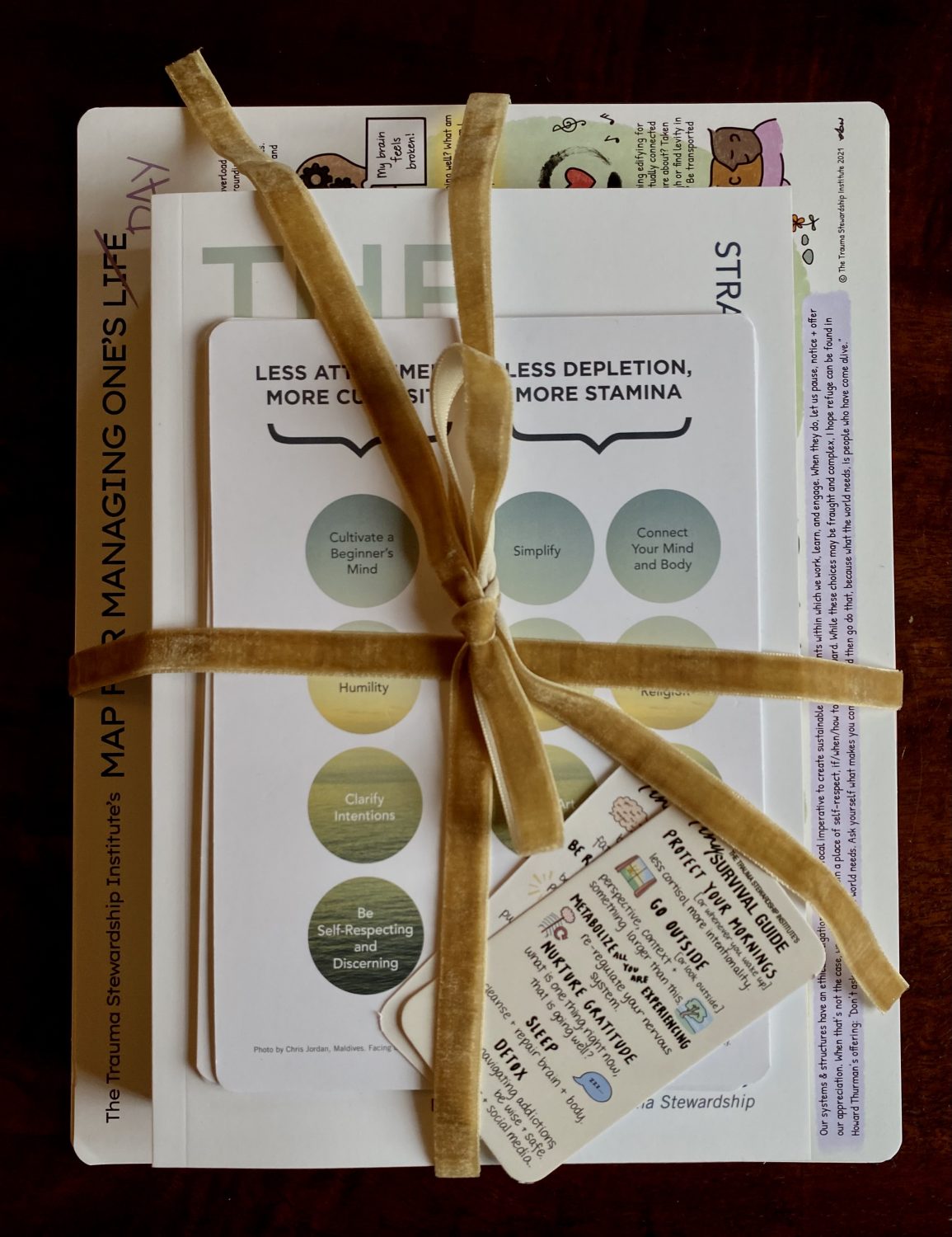 Pile of books, miniposters, and other materials tied with a mustard-color satin ribbon