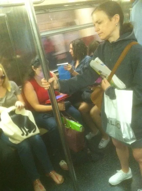 Blurry picture on a subway. Person is reading "Trauma Stewardship" in the background